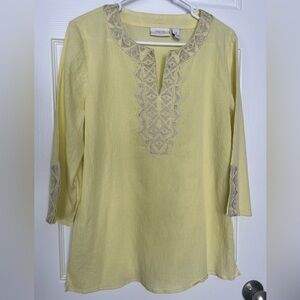 Chicos Size 2 Yellow Tunic Top 3/4 Sleeve Gauzy Cotton Gold Metallic Embroidery